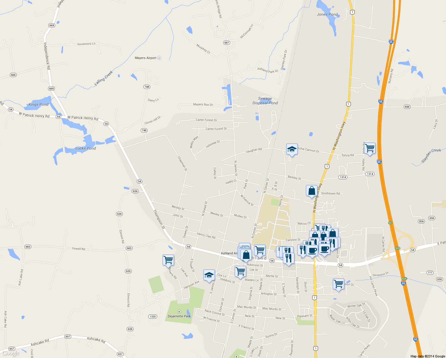 map of restaurants, bars, coffee shops, grocery stores, and more near 113 North Macon Terrace in Ashland