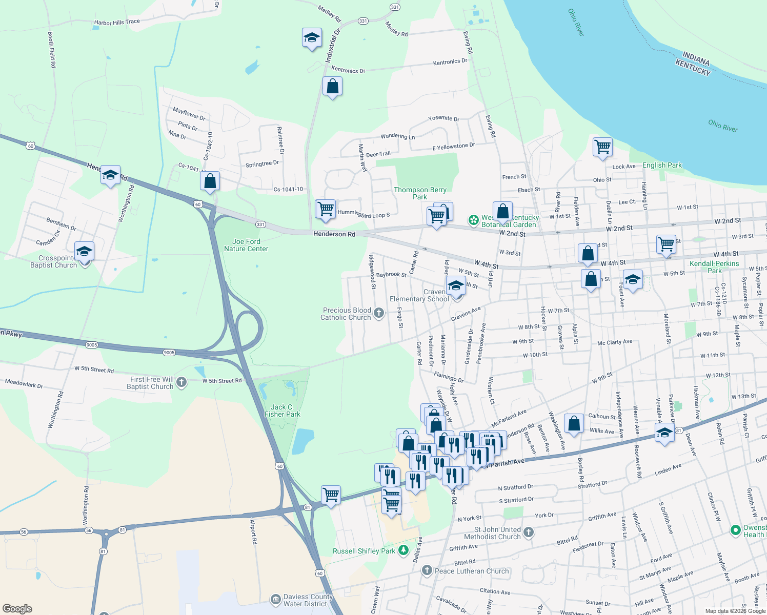 map of restaurants, bars, coffee shops, grocery stores, and more near 680 Dalton St in Owensboro