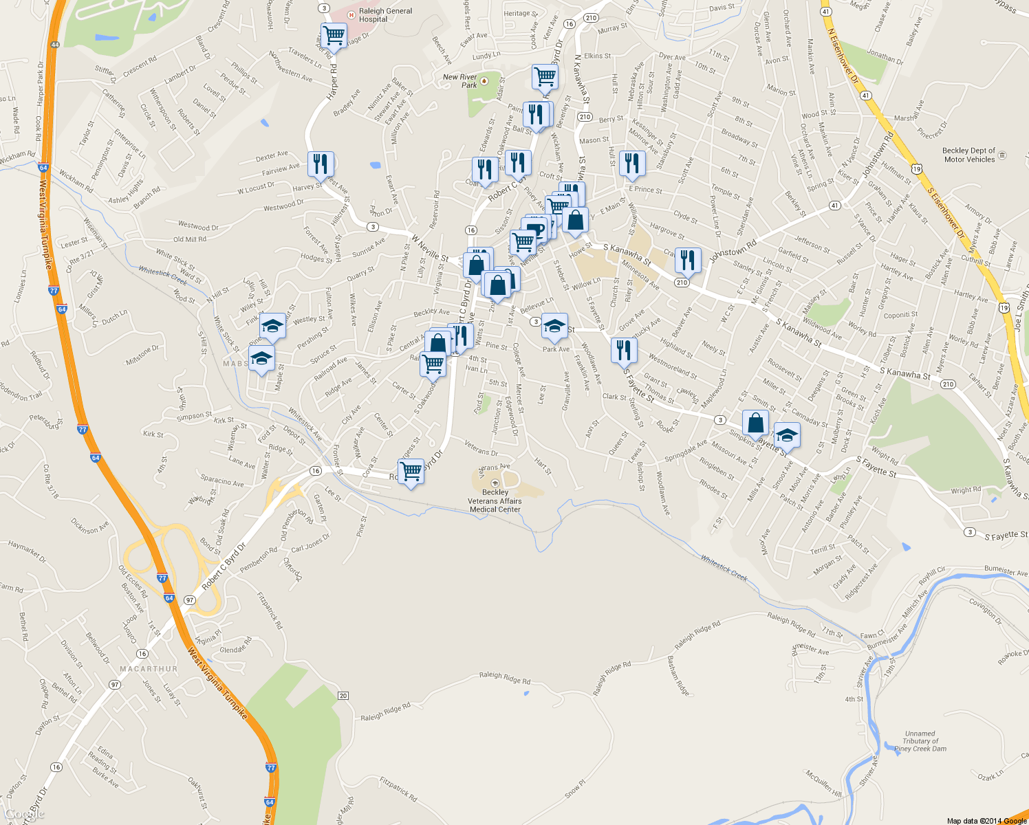 map of restaurants, bars, coffee shops, grocery stores, and more near 219 Edgewood Dr in Beckley