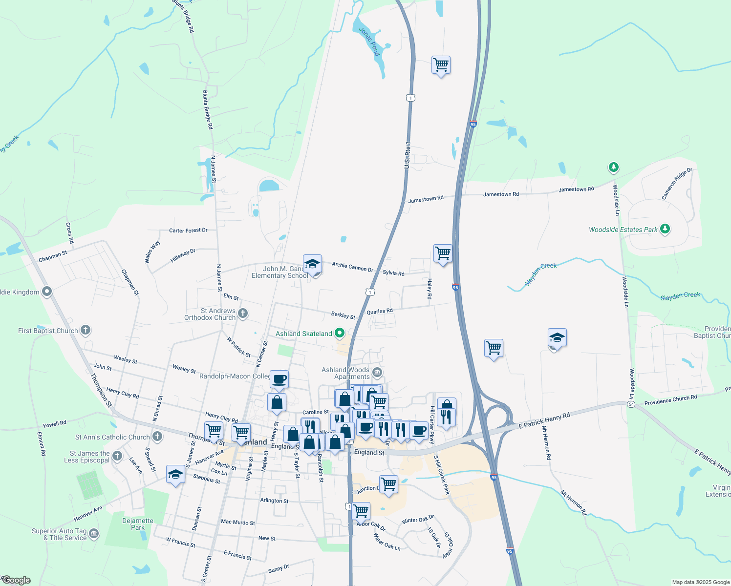 map of restaurants, bars, coffee shops, grocery stores, and more near 614 North Washington Highway in Ashland