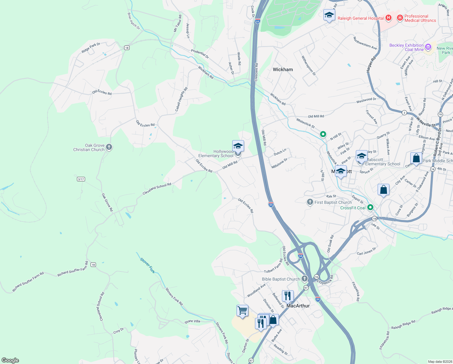 map of restaurants, bars, coffee shops, grocery stores, and more near 660 Old Eccles Road in Beckley