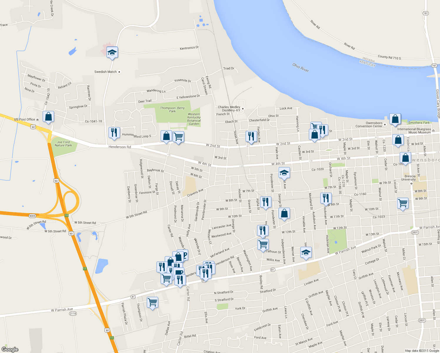 map of restaurants, bars, coffee shops, grocery stores, and more near 2542 W 5th St in Owensboro