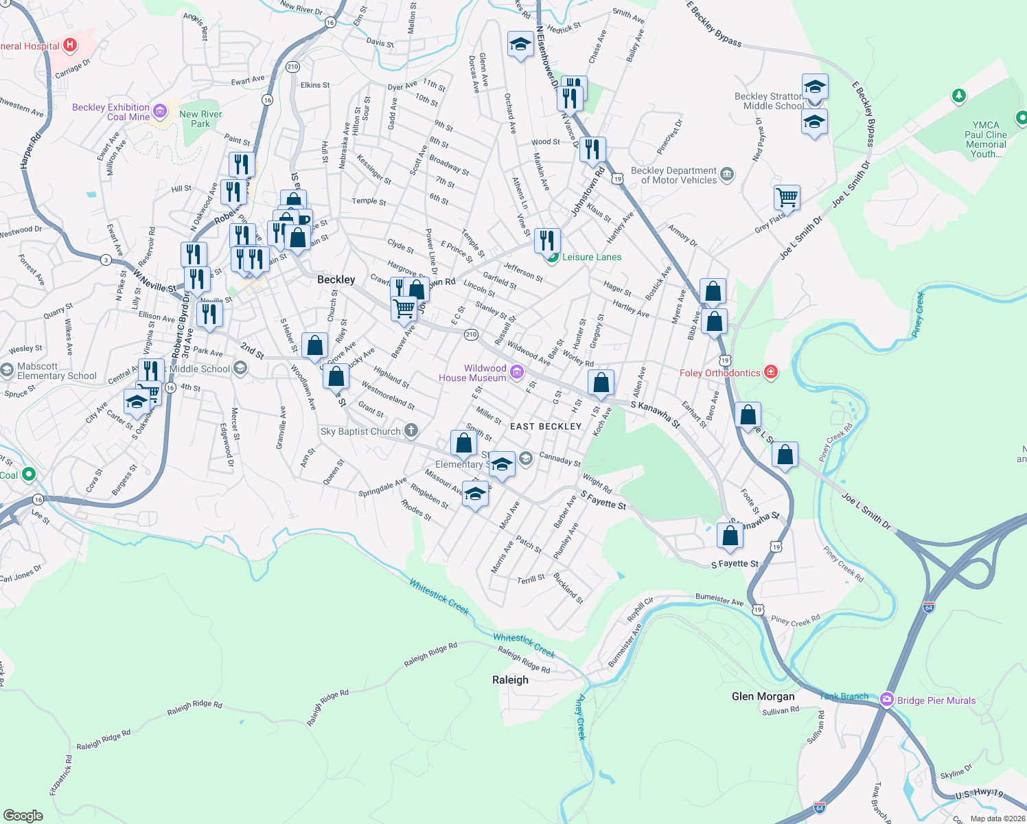 map of restaurants, bars, coffee shops, grocery stores, and more near 301 F St in Beckley