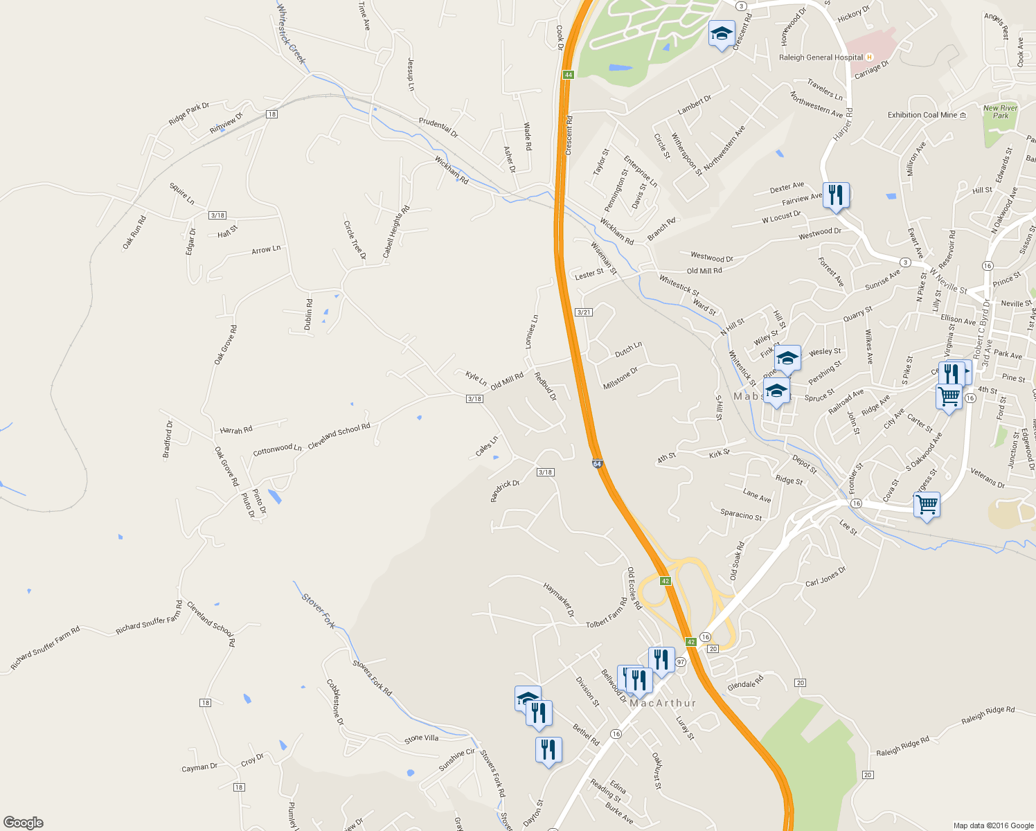 map of restaurants, bars, coffee shops, grocery stores, and more near 112 Rhododendron Trail in Beckley