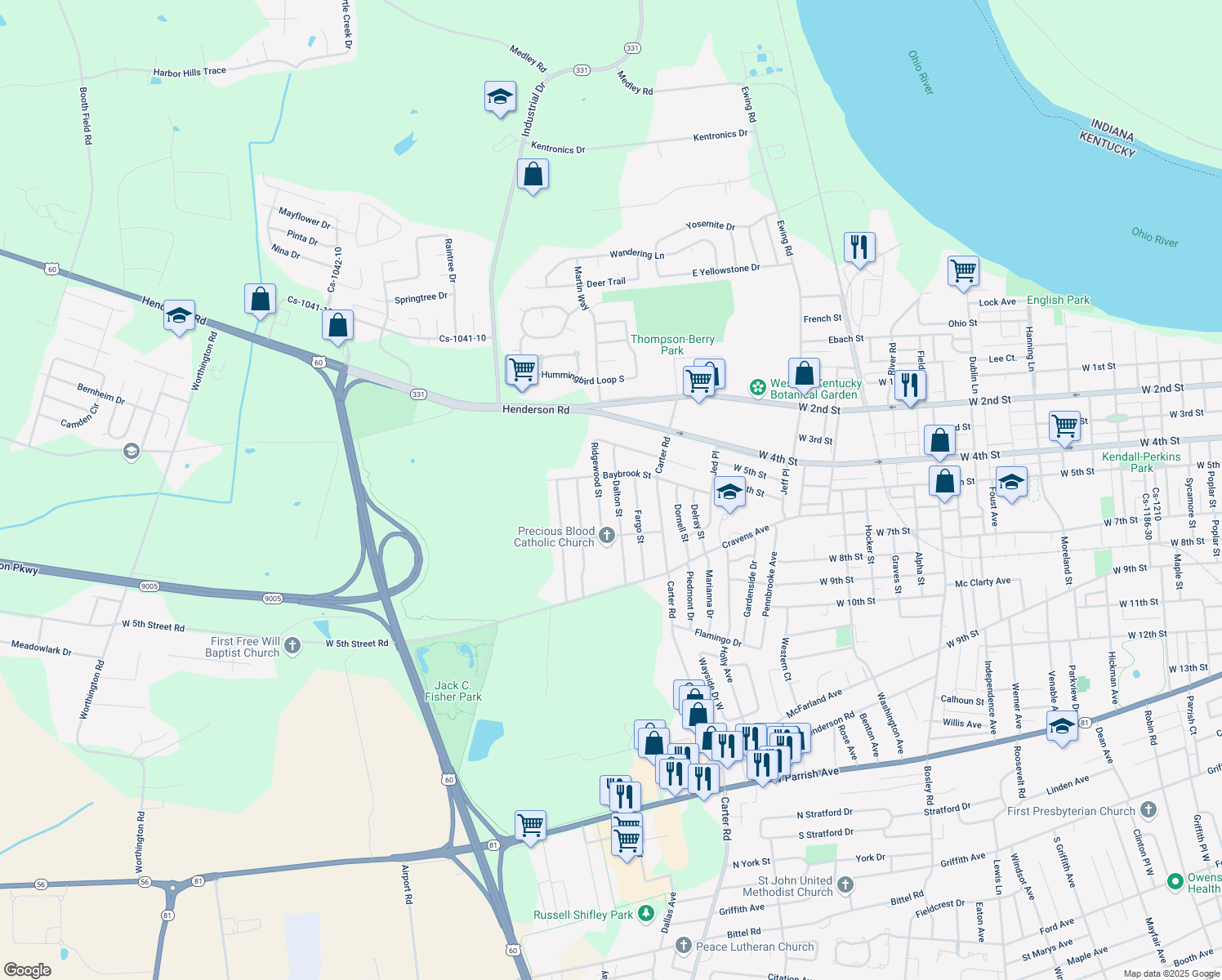 map of restaurants, bars, coffee shops, grocery stores, and more near 620 Dalton St in Owensboro