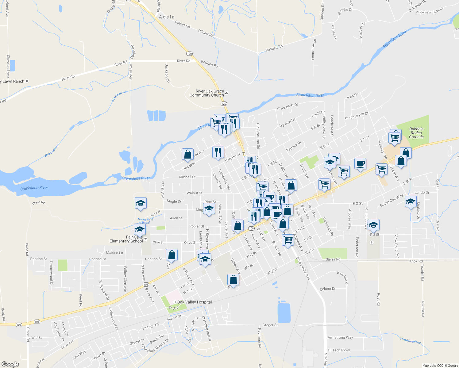 map of restaurants, bars, coffee shops, grocery stores, and more near 505 California Avenue in Oakdale