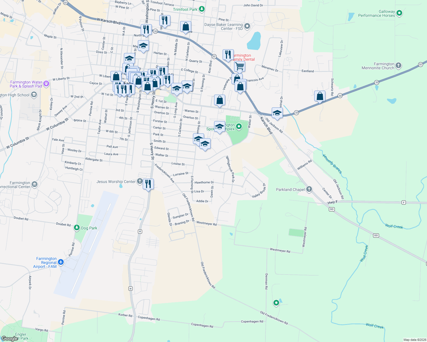 map of restaurants, bars, coffee shops, grocery stores, and more near 1110 Springbrook Park Drive in Farmington