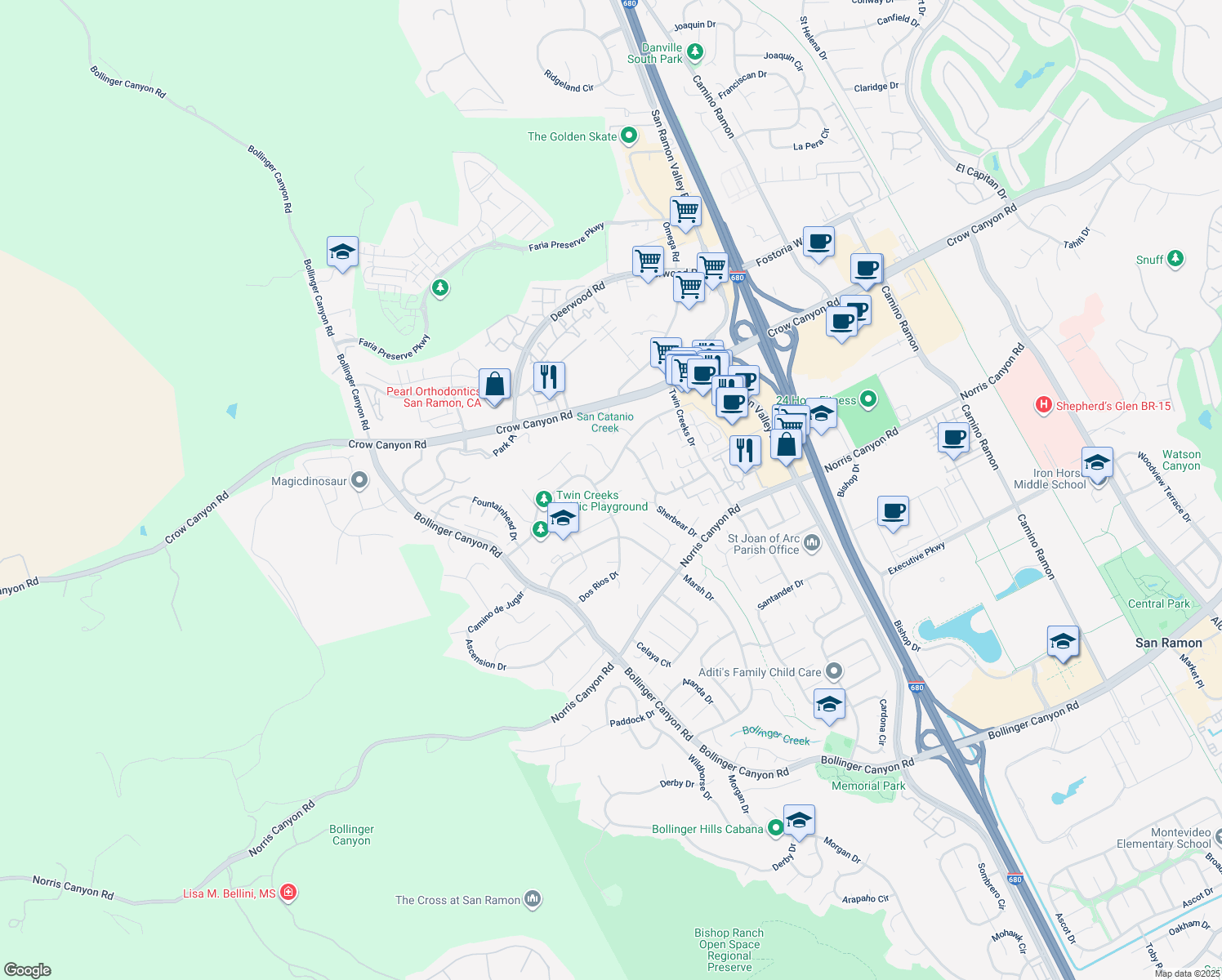 map of restaurants, bars, coffee shops, grocery stores, and more near 44 Dos Rios Court in San Ramon