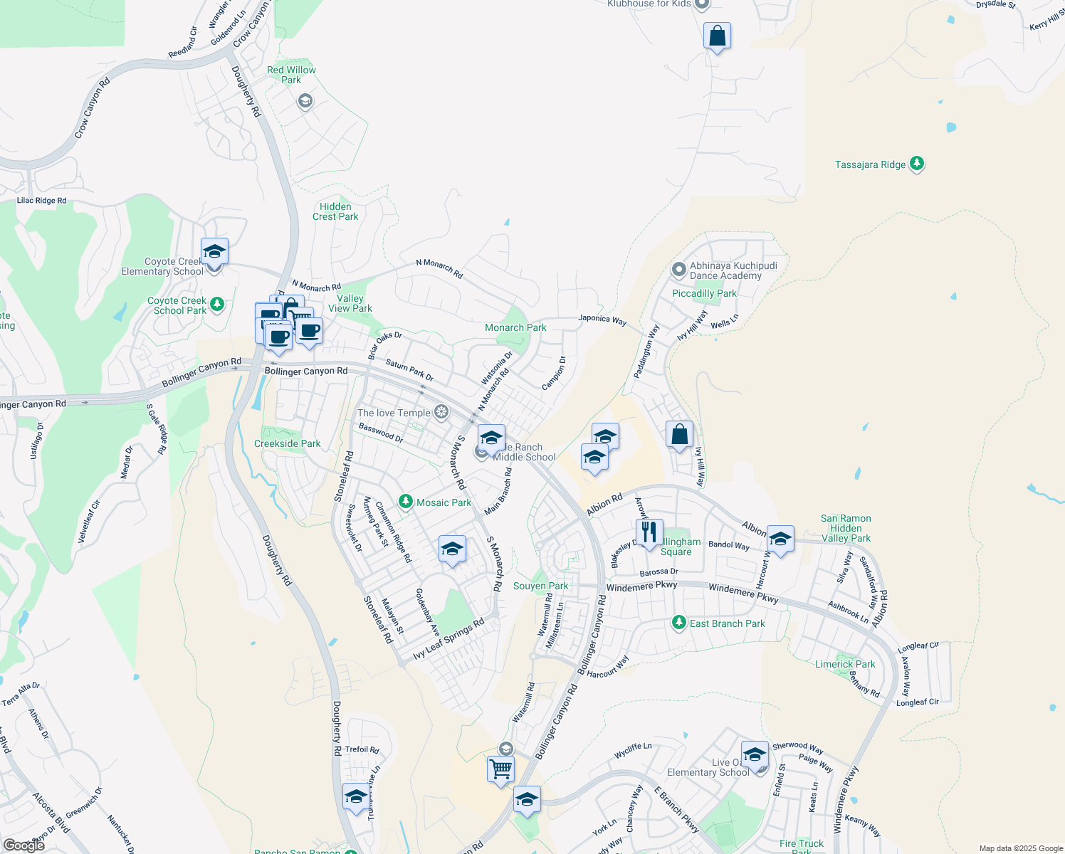 map of restaurants, bars, coffee shops, grocery stores, and more near 2441 Maidenhair Way in San Ramon
