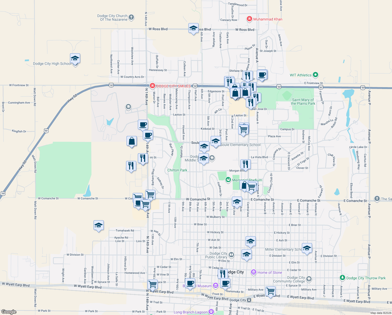 map of restaurants, bars, coffee shops, grocery stores, and more near 2098 Hart Ave in Dodge City