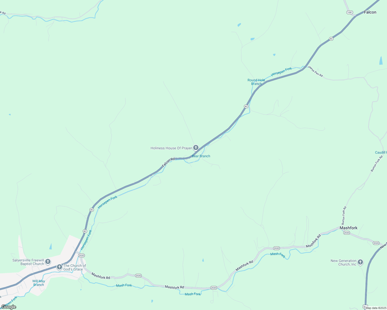 map of restaurants, bars, coffee shops, grocery stores, and more near Falcon Road in Salyersville