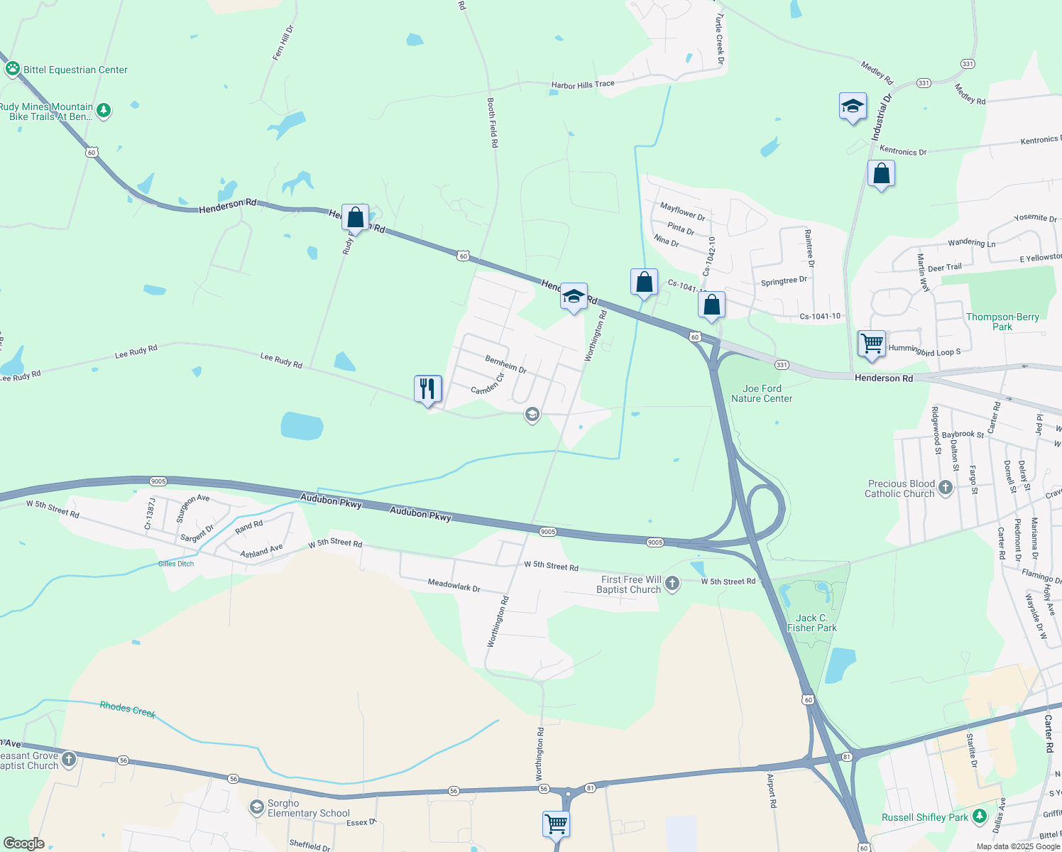 map of restaurants, bars, coffee shops, grocery stores, and more near 4700 Lee Rudy Rd in Owensboro
