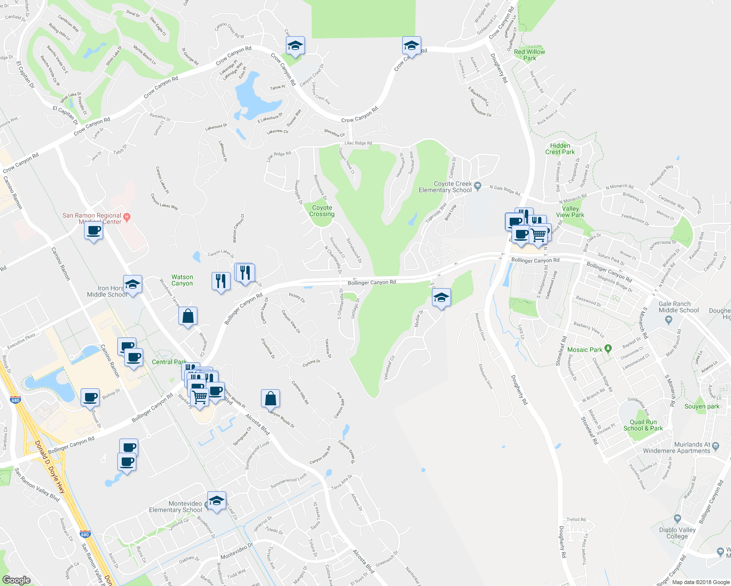 map of restaurants, bars, coffee shops, grocery stores, and more near 408 Ustilago Court in San Ramon