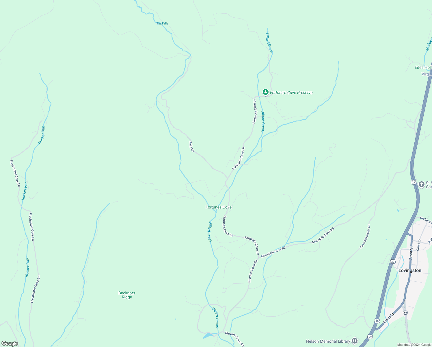 map of restaurants, bars, coffee shops, grocery stores, and more near 133 Falls Lane in Lovingston