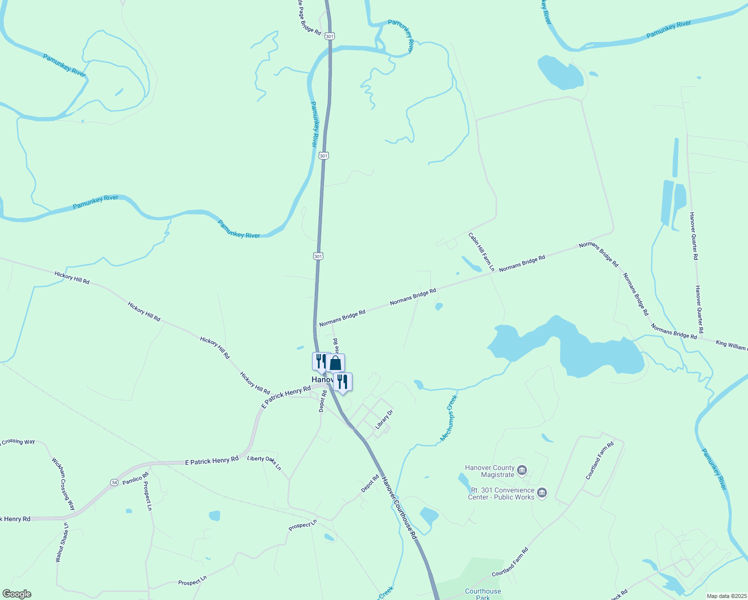 map of restaurants, bars, coffee shops, grocery stores, and more near 7538 Normans Bridge Road in Hanover