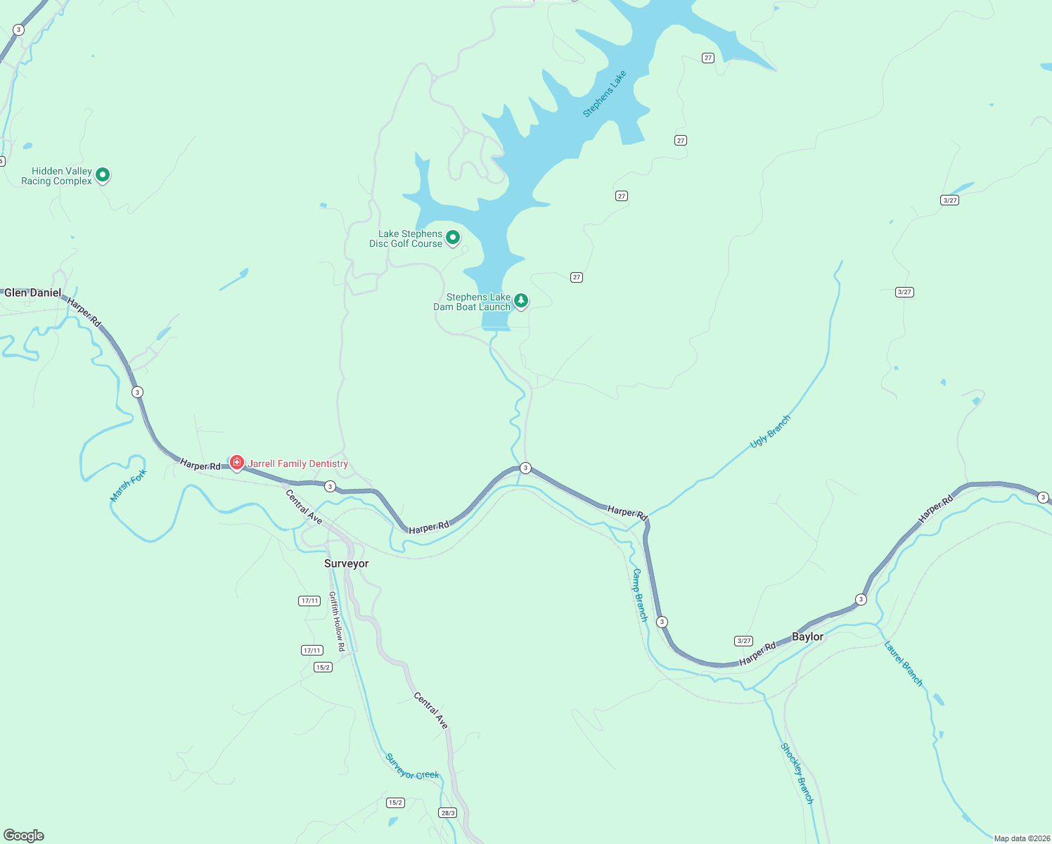 map of restaurants, bars, coffee shops, grocery stores, and more near Dinges Branch-Stevens Branch in Surveyor