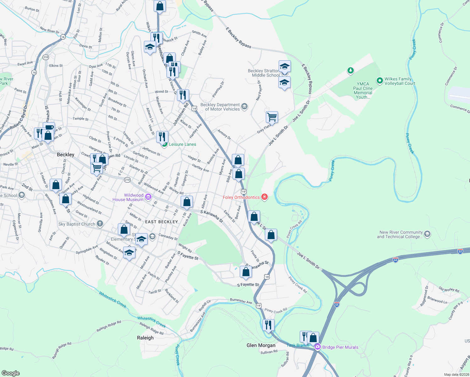 map of restaurants, bars, coffee shops, grocery stores, and more near 409 Larew Avenue in Beckley