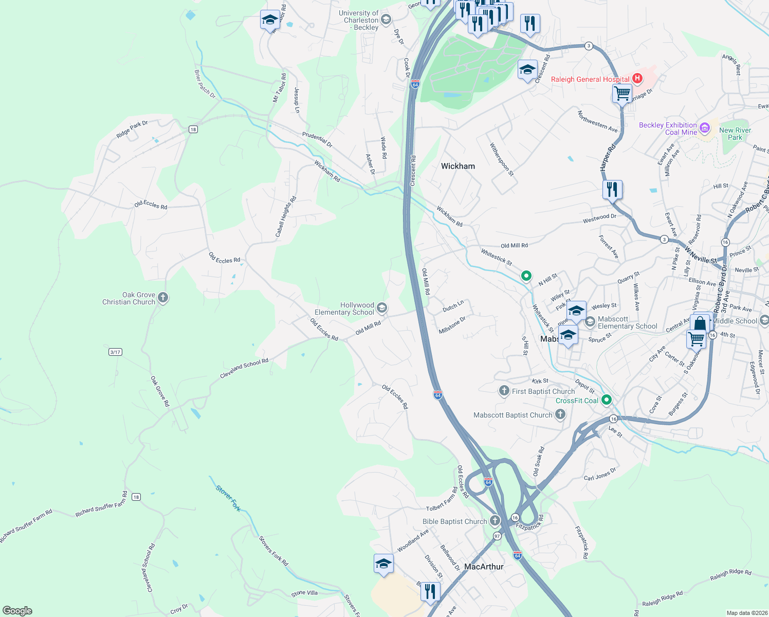 map of restaurants, bars, coffee shops, grocery stores, and more near 119 Lonnies Lane in Beckley
