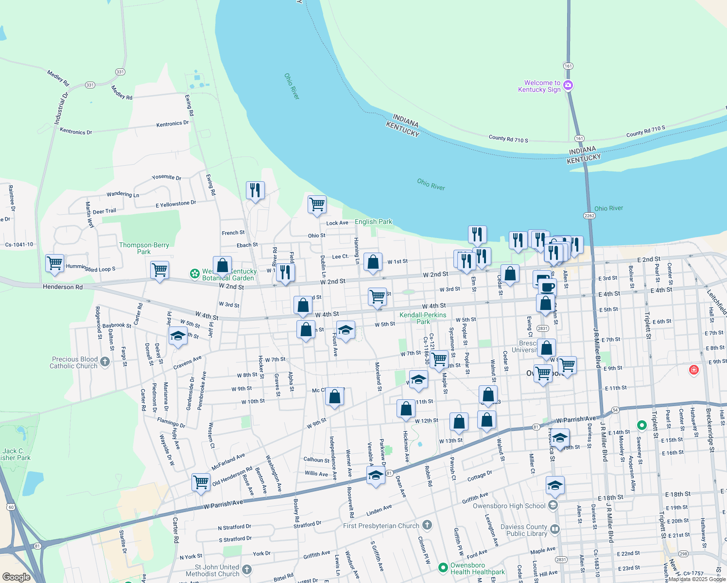 map of restaurants, bars, coffee shops, grocery stores, and more near 1533 W 3rd St in Owensboro