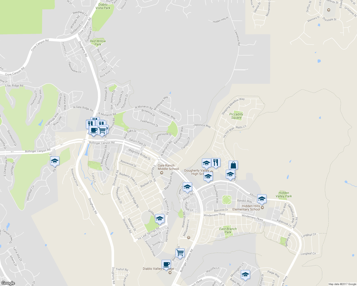 map of restaurants, bars, coffee shops, grocery stores, and more near 108 Geranium Court in San Ramon