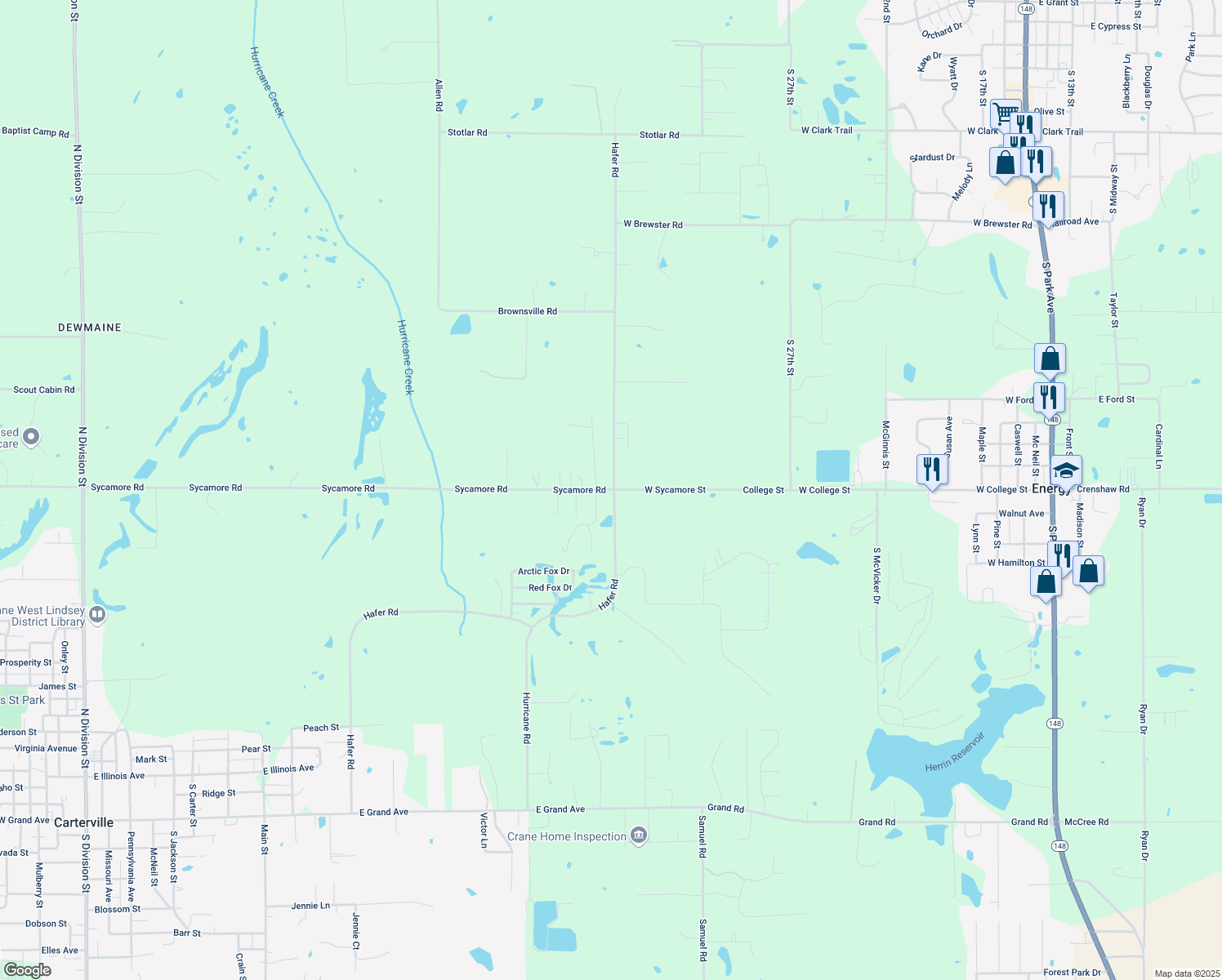 map of restaurants, bars, coffee shops, grocery stores, and more near 12454 Hafer Road in Carterville