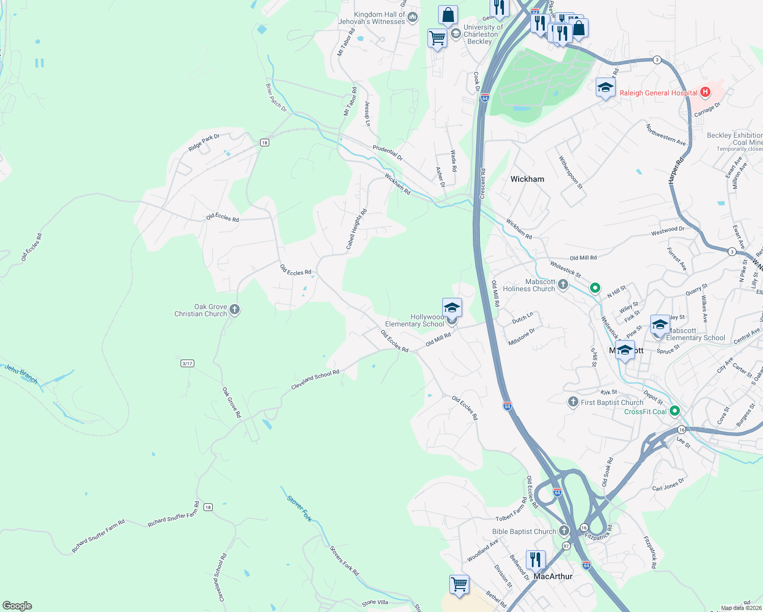 map of restaurants, bars, coffee shops, grocery stores, and more near 816 Old Eccles Rd in Beckley