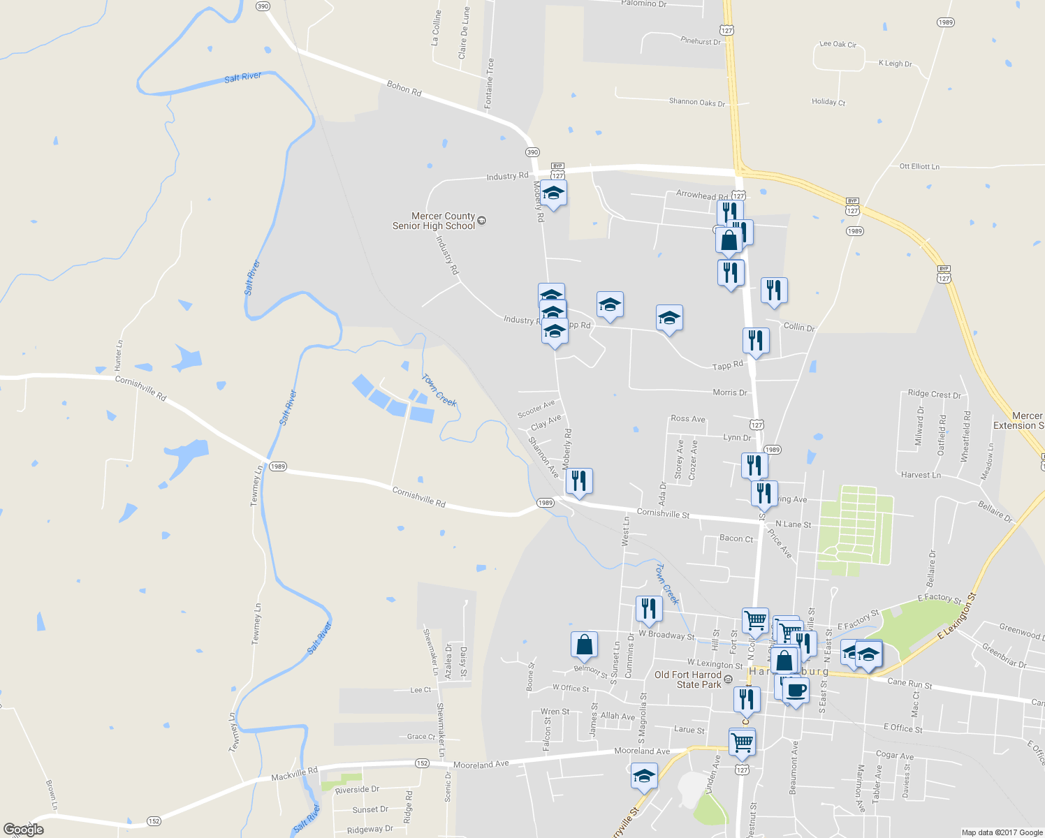 map of restaurants, bars, coffee shops, grocery stores, and more near 880 Scooter Avenue in Harrodsburg