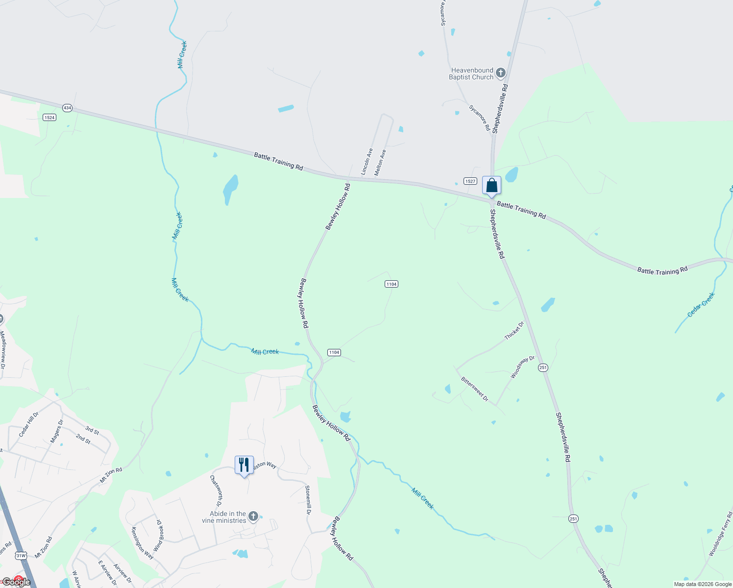 map of restaurants, bars, coffee shops, grocery stores, and more near 121 Big Blue Court in Elizabethtown