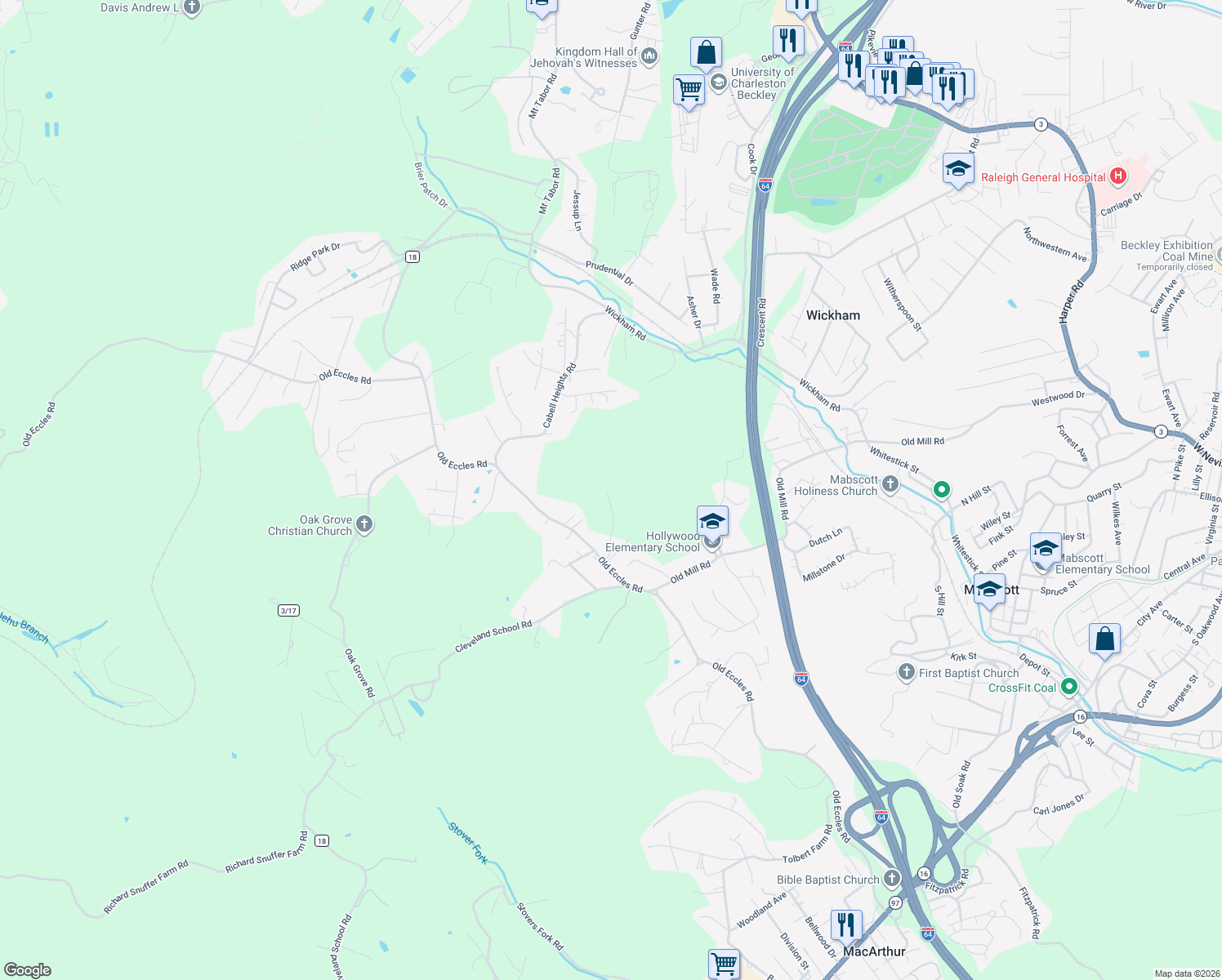 map of restaurants, bars, coffee shops, grocery stores, and more near 816 Old Eccles Road in Beckley