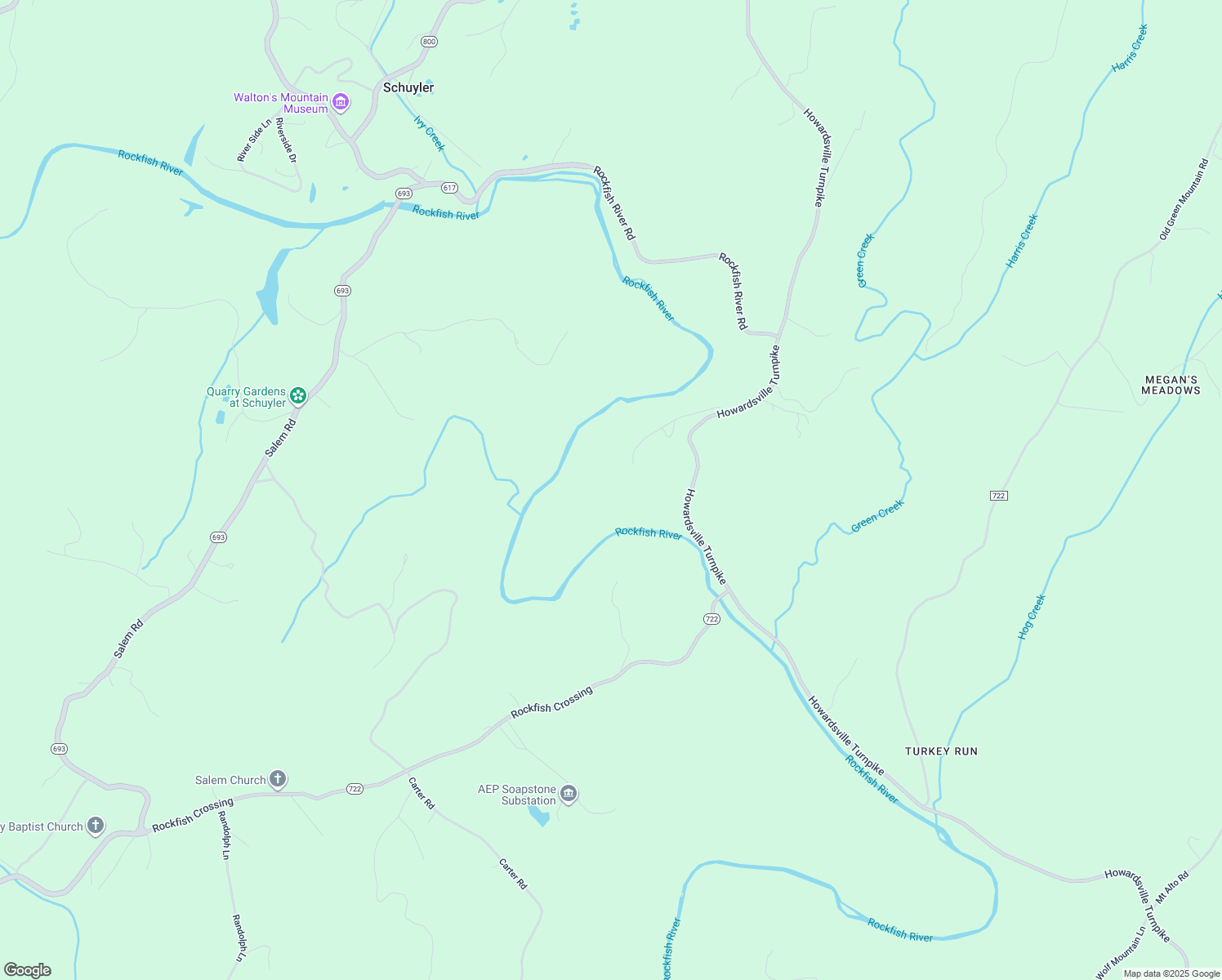 map of restaurants, bars, coffee shops, grocery stores, and more near 9270 Howardsville Turnpike in Schuyler