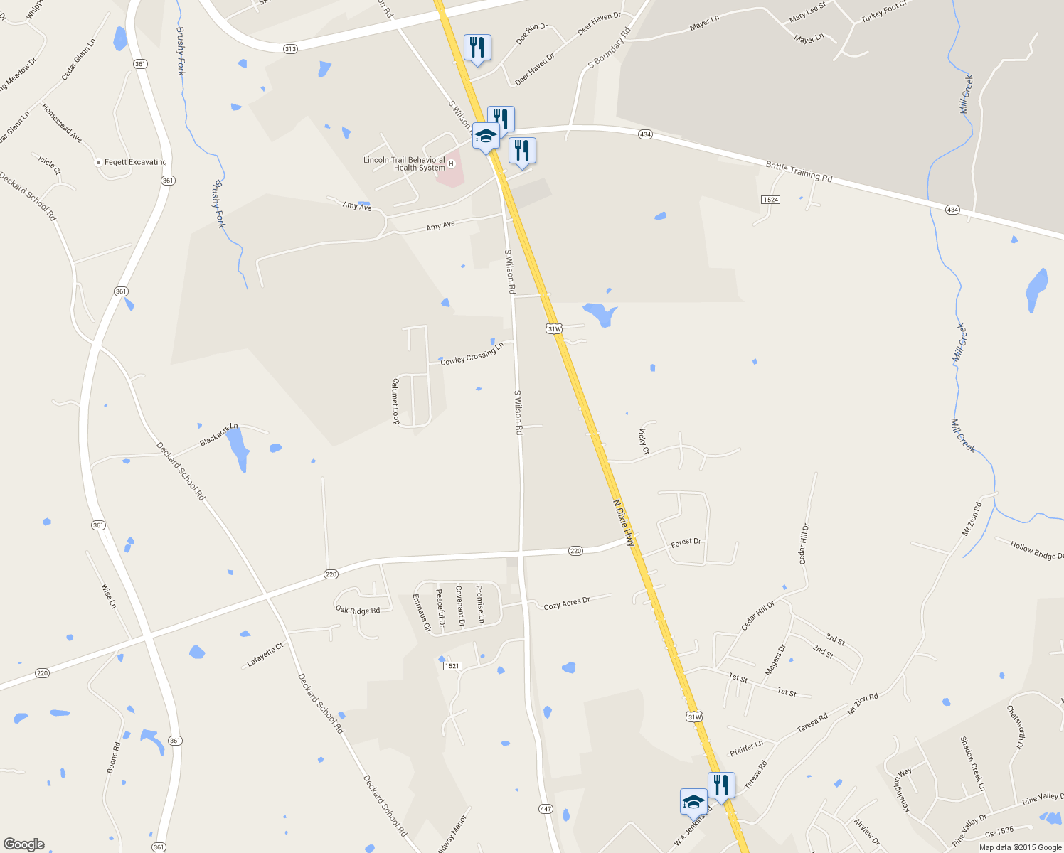 map of restaurants, bars, coffee shops, grocery stores, and more near Tam Park Lane in Elizabethtown