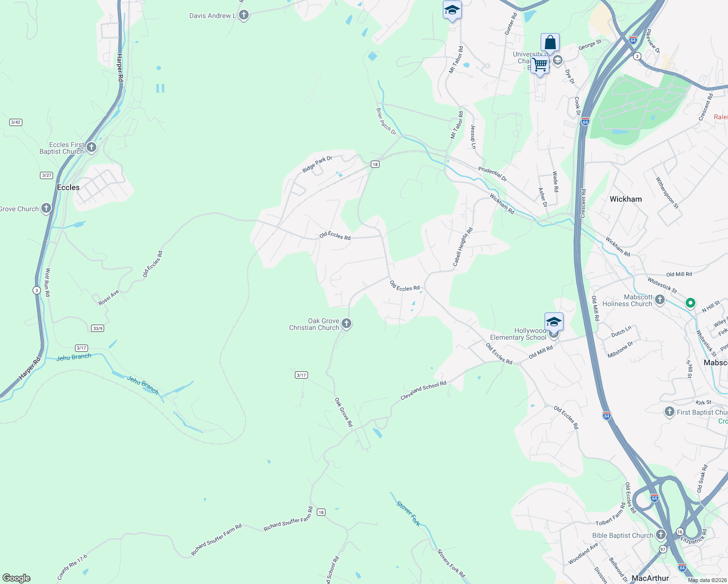 map of restaurants, bars, coffee shops, grocery stores, and more near 167 Oak Grove Rd in Beckley