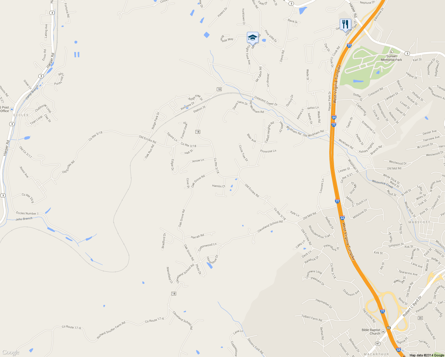 map of restaurants, bars, coffee shops, grocery stores, and more near 1053 Old Eccles Road in Beckley