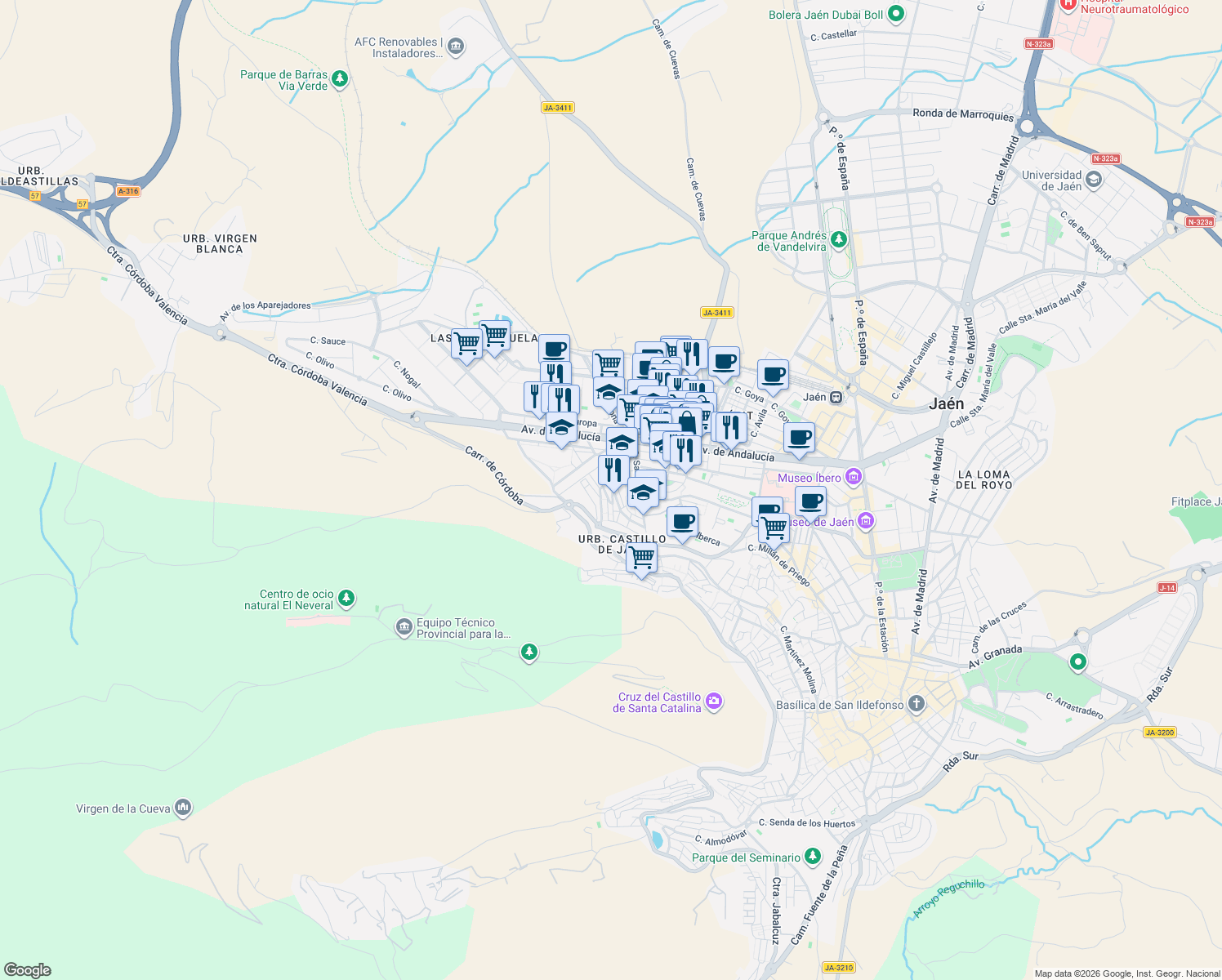 map of restaurants, bars, coffee shops, grocery stores, and more near 19 Calle Vicente García de la Puerta in Jaén
