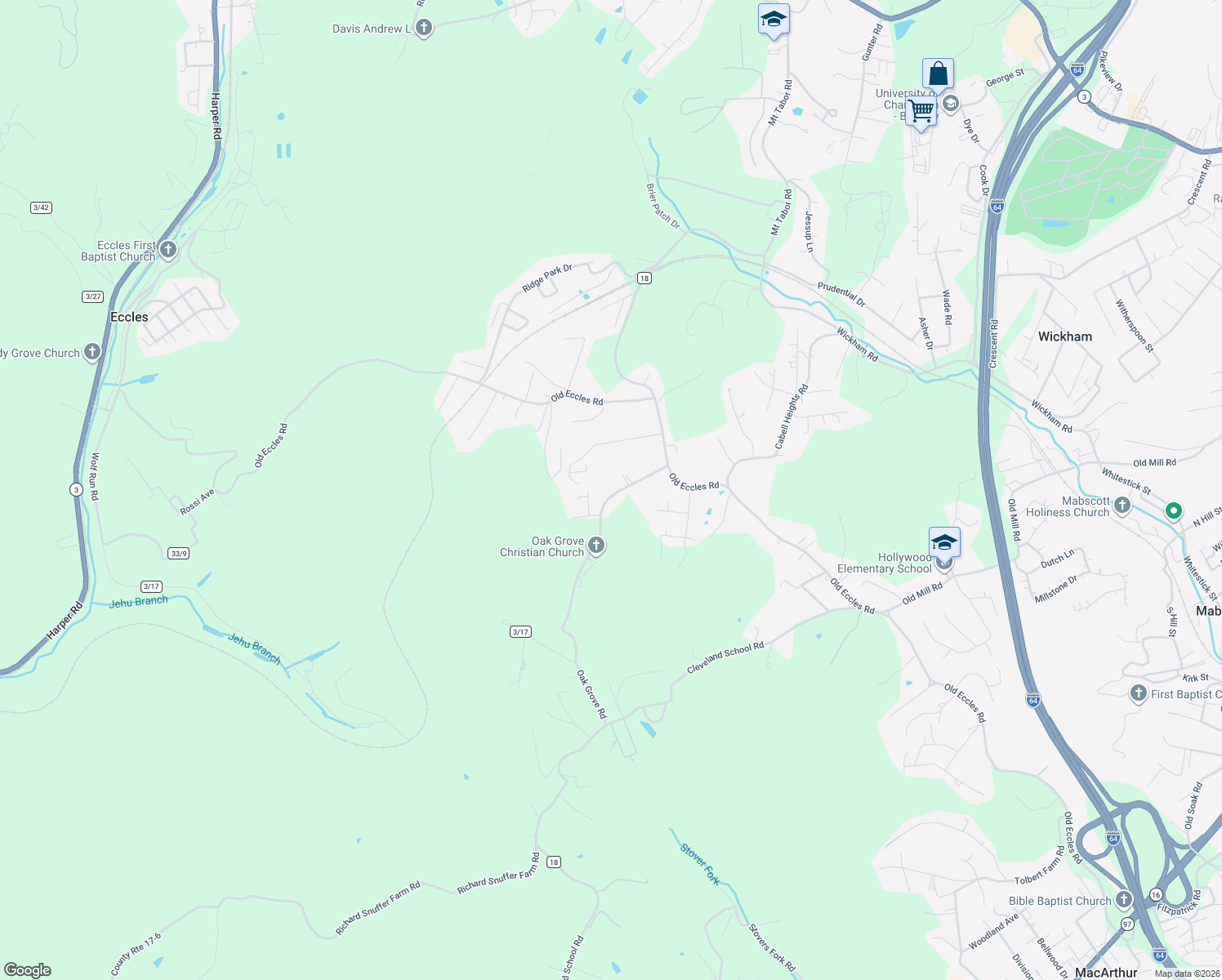 map of restaurants, bars, coffee shops, grocery stores, and more near 167 Oak Grove Rd in Beckley