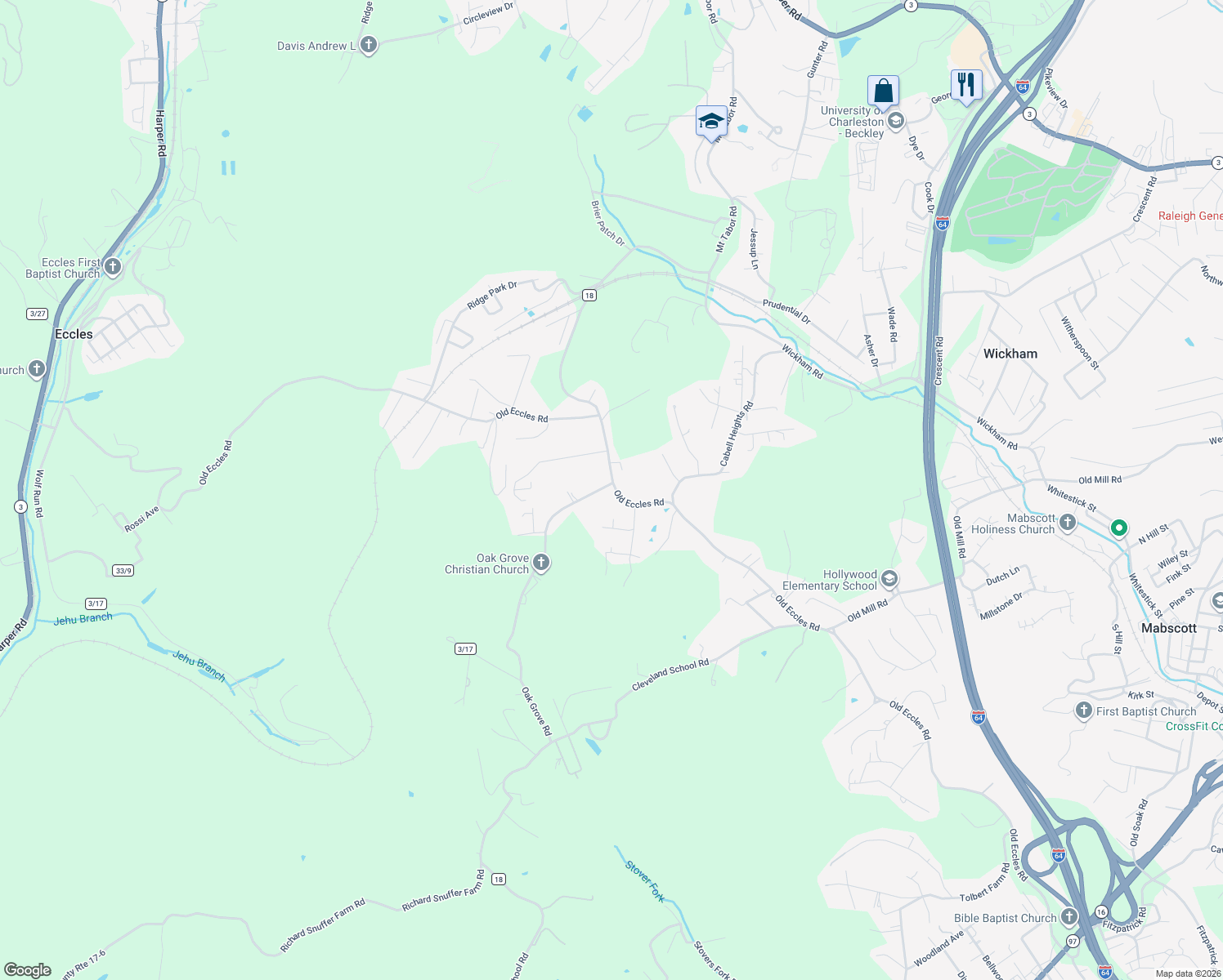 map of restaurants, bars, coffee shops, grocery stores, and more near 1053 Old Eccles Road in Beckley