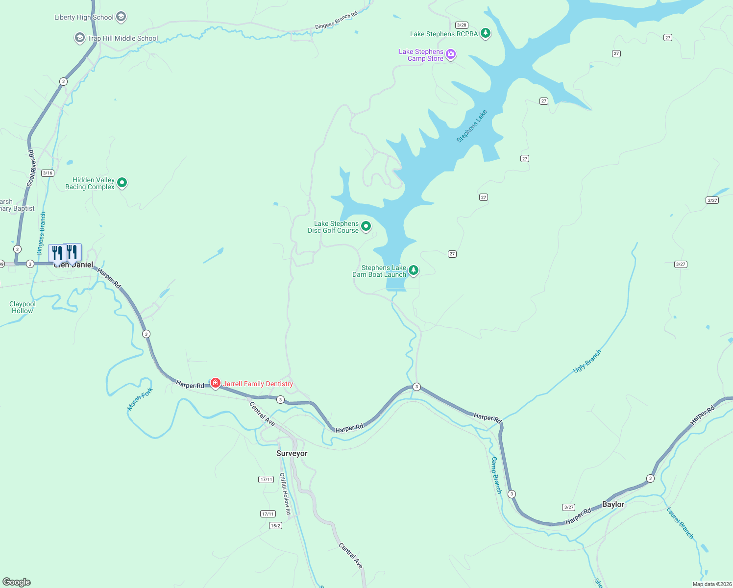 map of restaurants, bars, coffee shops, grocery stores, and more near Dinges Branch-Stevens Branch in Surveyor