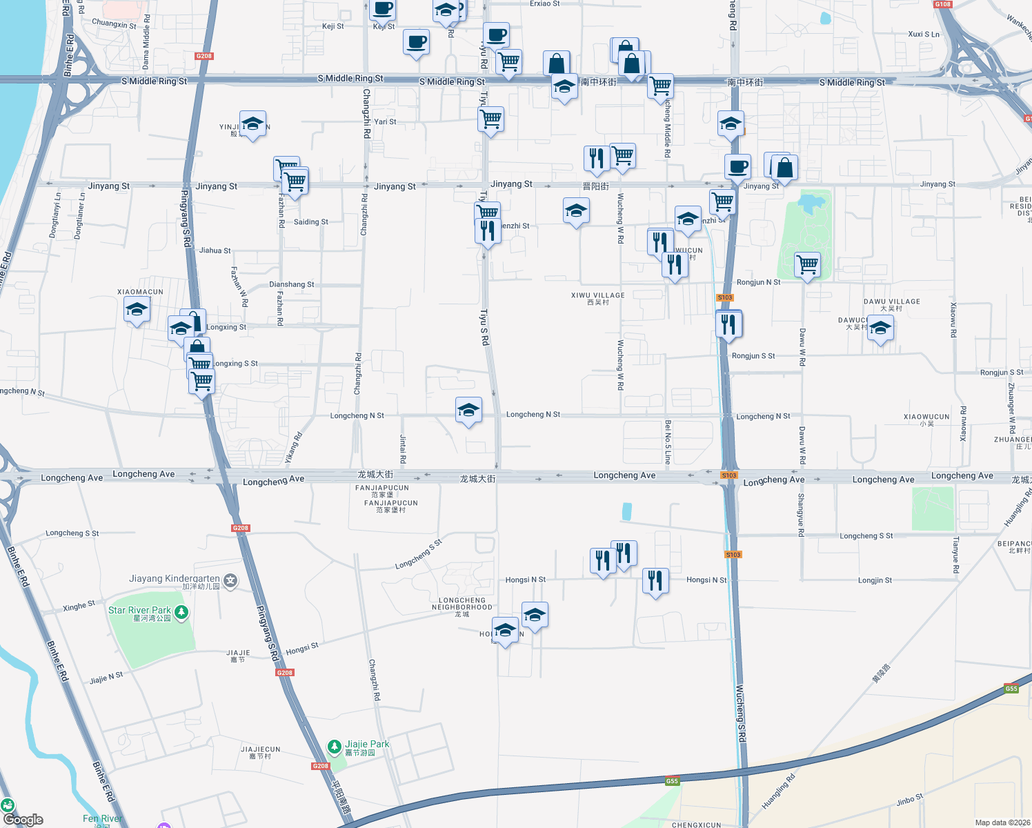 map of restaurants, bars, coffee shops, grocery stores, and more near Long Cheng Bei Jie in Tai Yuan Shi
