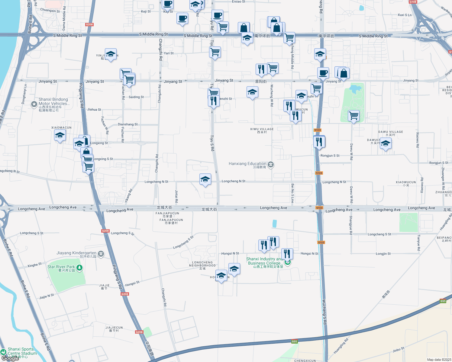map of restaurants, bars, coffee shops, grocery stores, and more near Long Cheng Bei Jie in Tai Yuan Shi