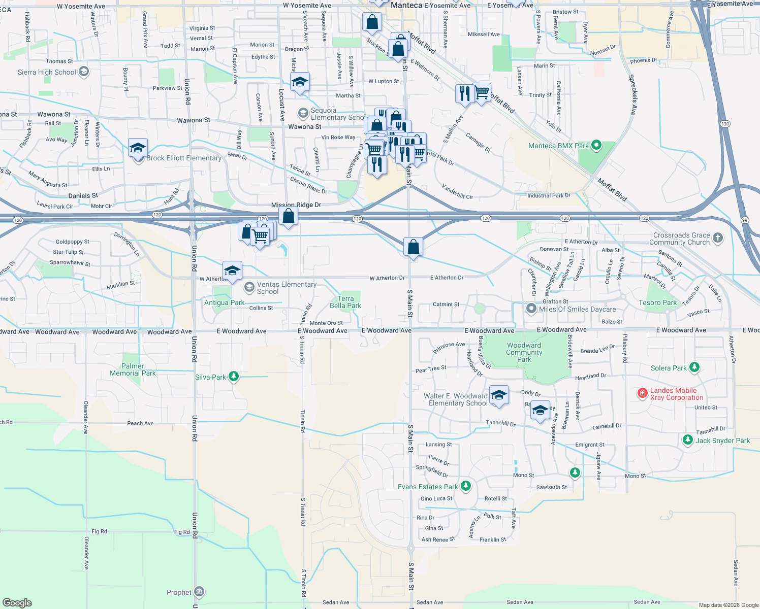 map of restaurants, bars, coffee shops, grocery stores, and more near 1700 Jackie Place in Manteca