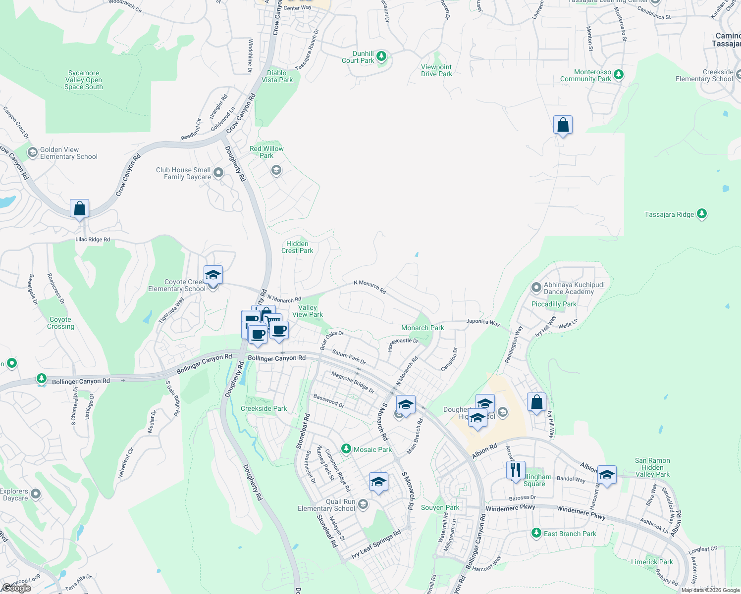 map of restaurants, bars, coffee shops, grocery stores, and more near 2240 Britannia Drive in San Ramon