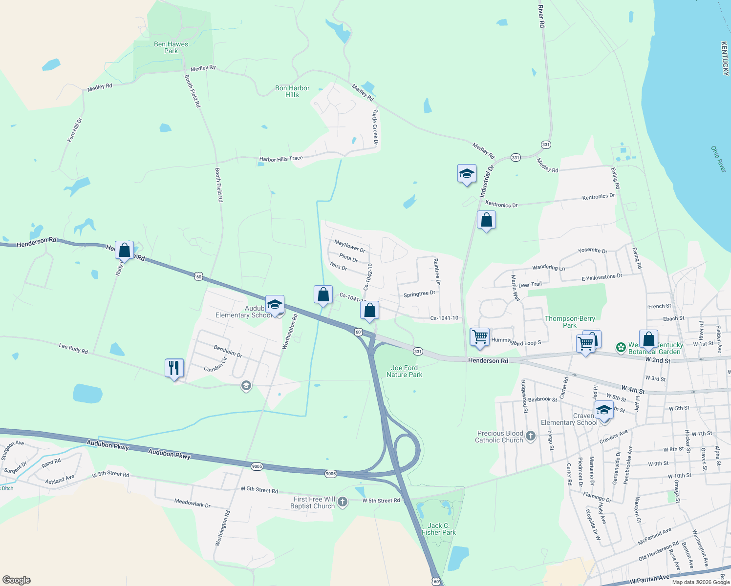 map of restaurants, bars, coffee shops, grocery stores, and more near Bon Harbor Hill Drive in Owensboro