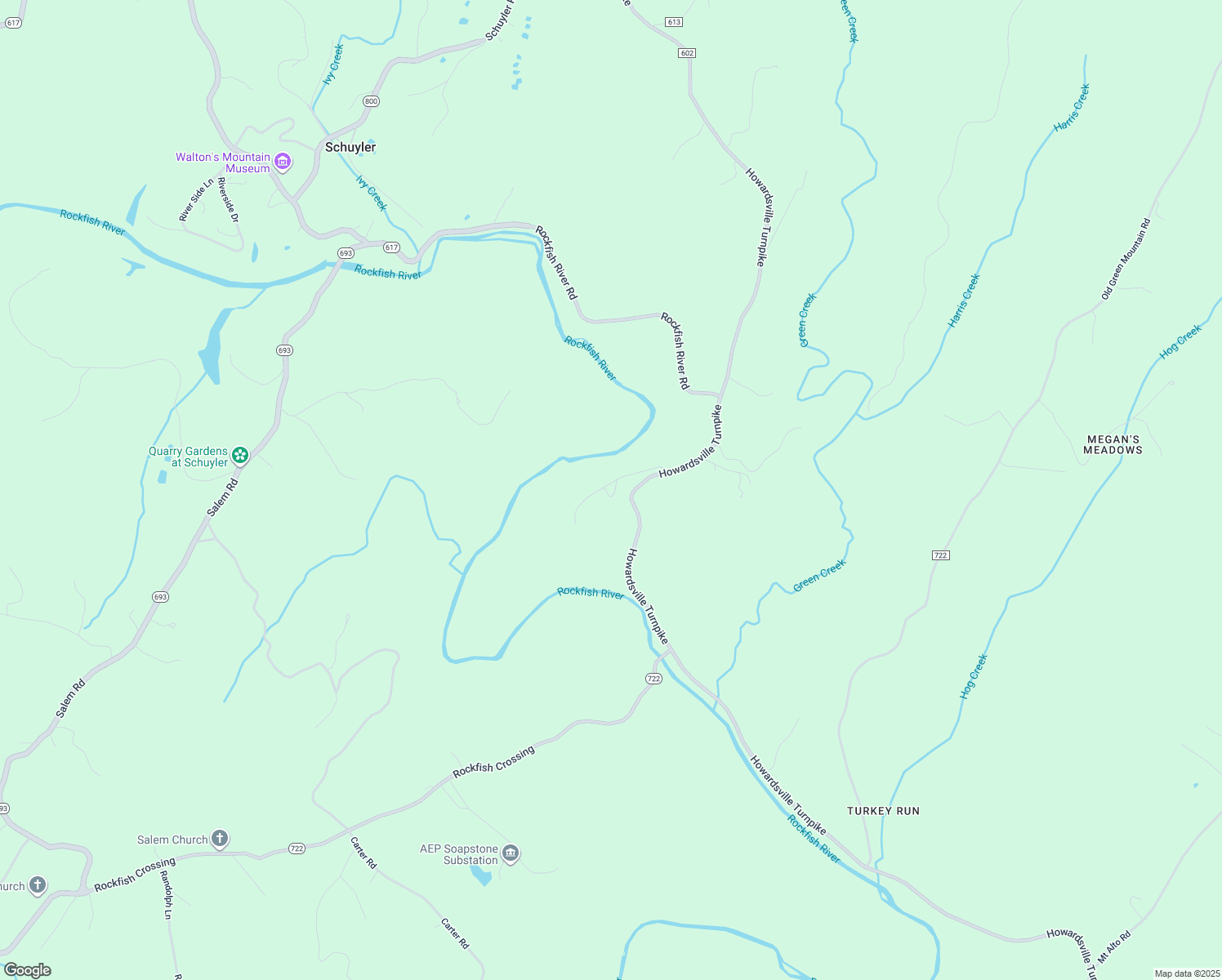 map of restaurants, bars, coffee shops, grocery stores, and more near 9270 Howardsville Turnpike in Schuyler