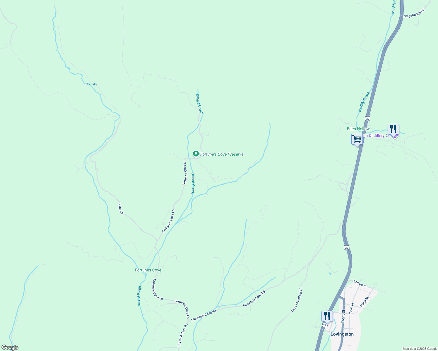 map of restaurants, bars, coffee shops, grocery stores, and more near 299 Scotties Lane in Lovingston