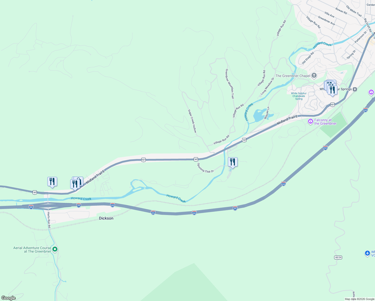 map of restaurants, bars, coffee shops, grocery stores, and more near 250 Buchanan Ridge in White Sulphur Springs