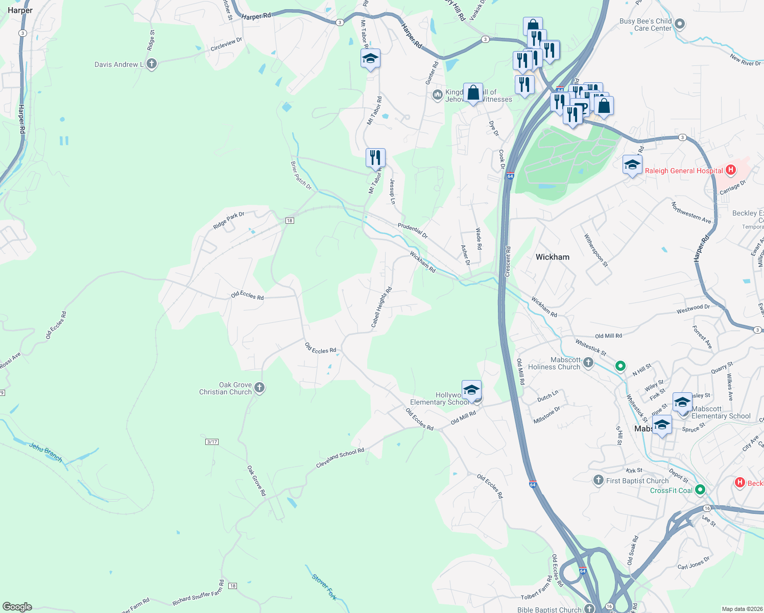 map of restaurants, bars, coffee shops, grocery stores, and more near 101-119 Primrose Lane in Beckley