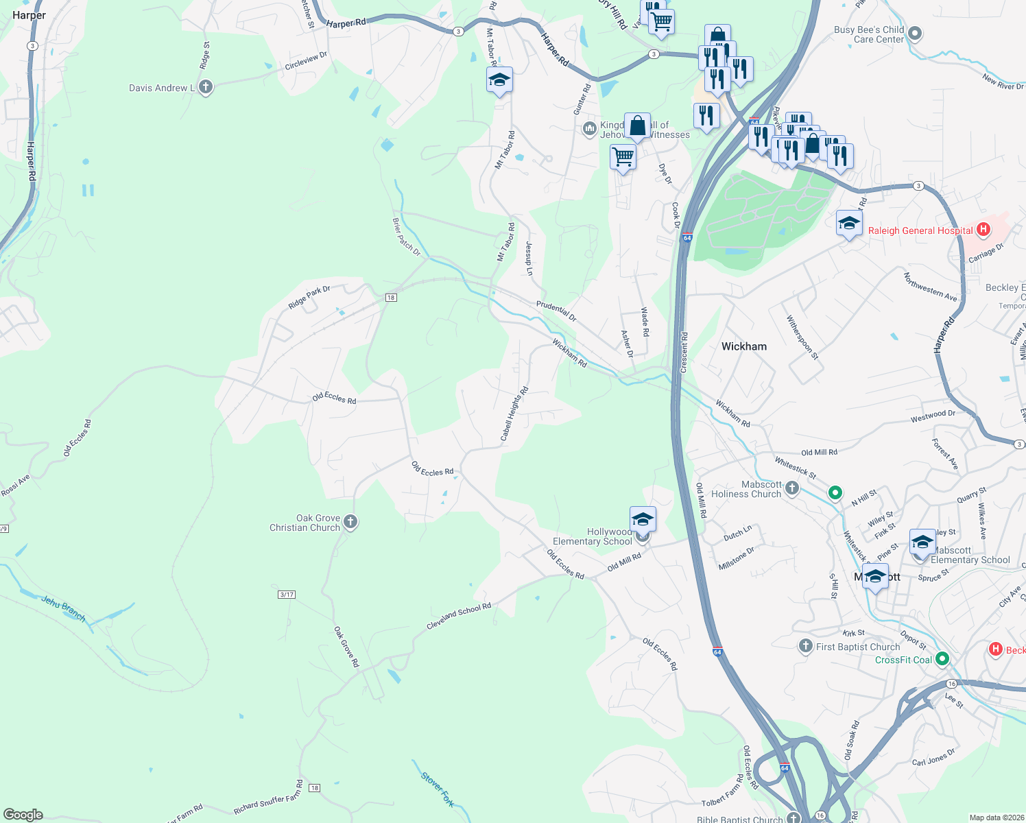 map of restaurants, bars, coffee shops, grocery stores, and more near 101 Primrose Lane in Beckley