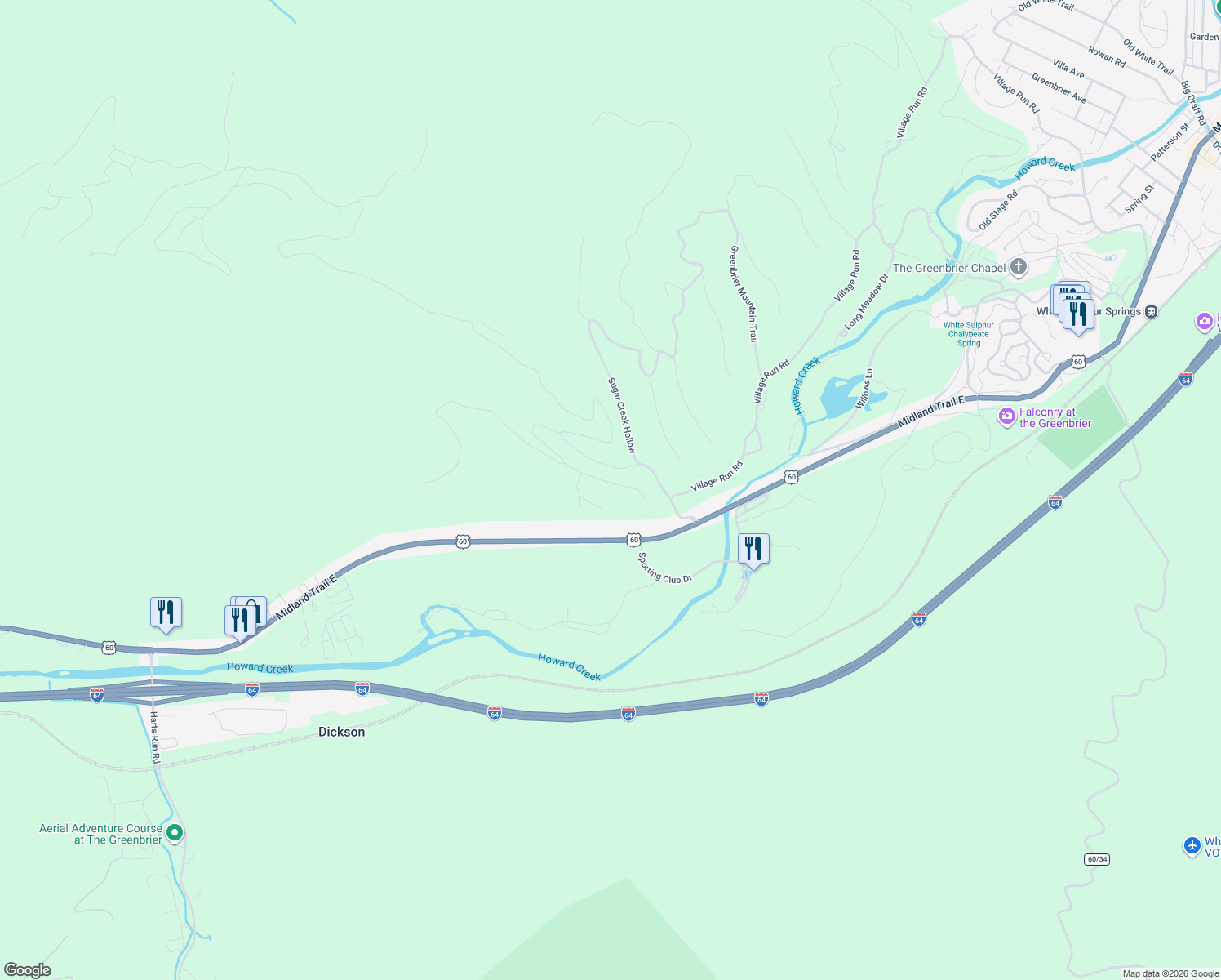 map of restaurants, bars, coffee shops, grocery stores, and more near 250 Buchanan Ridge in White Sulphur Springs