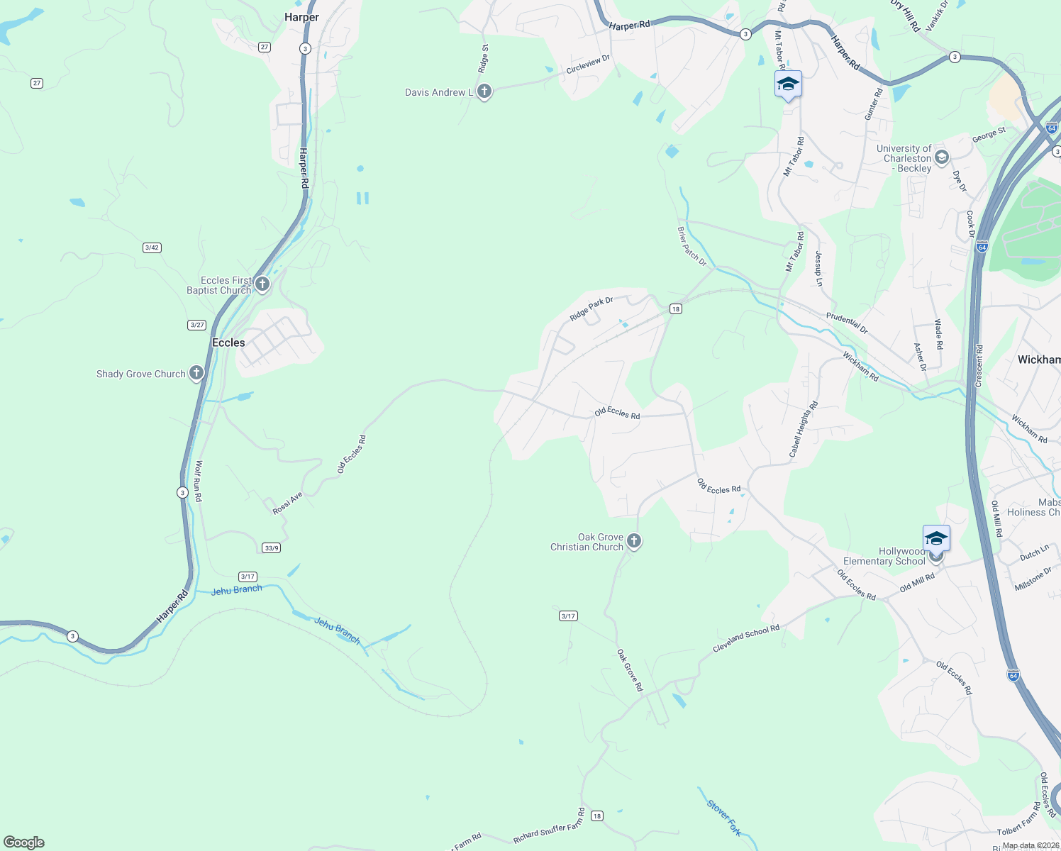 map of restaurants, bars, coffee shops, grocery stores, and more near 130 Oak Run Rd in Beckley