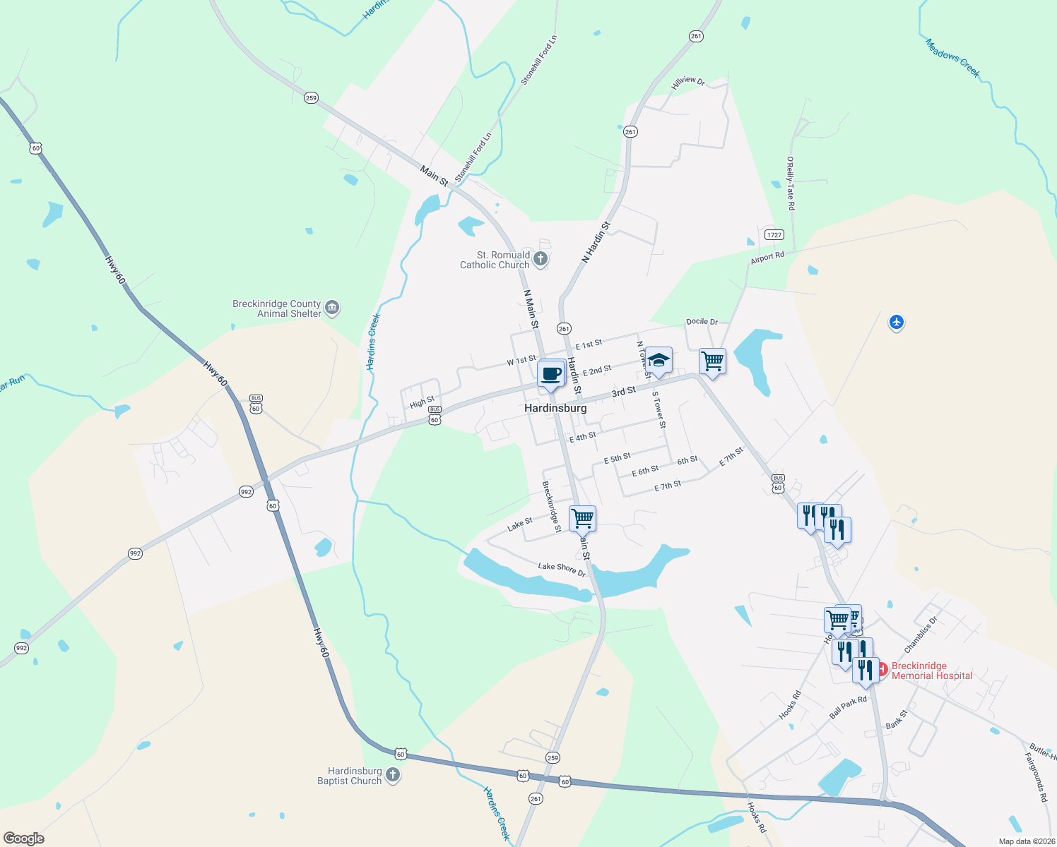map of restaurants, bars, coffee shops, grocery stores, and more near 306 Breckinridge Street in Hardinsburg